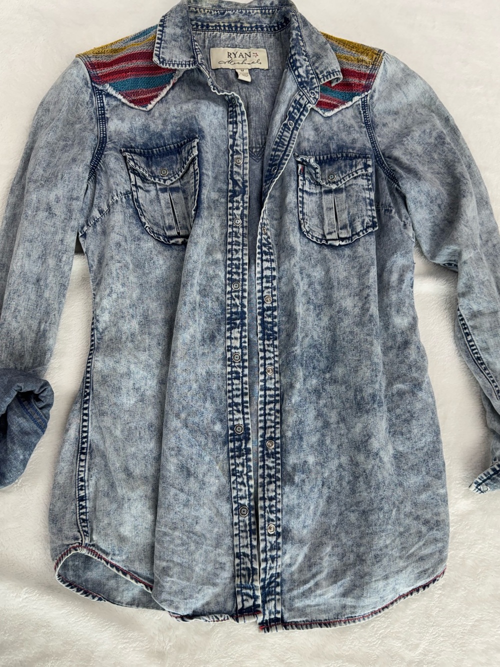 Ryan Michael Light Wash Denim Button-Down Shirt with Multicolor Yoke